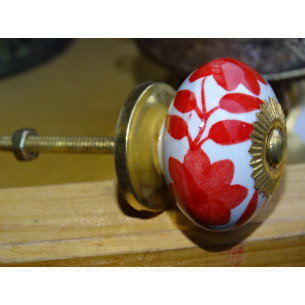 Maniglia per cassetto fiore in porcellana e felci rosse