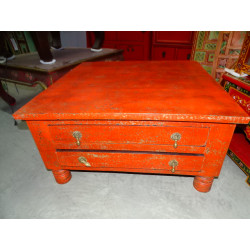 Table basse carrée 4 tiroirs rouge 90x90 cm