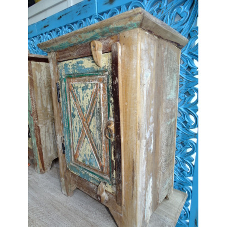 Bedside table in teak recycled patinated in turquoise and white