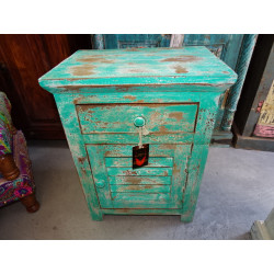 Turquoise bedside table with louvered door and 1 drawer