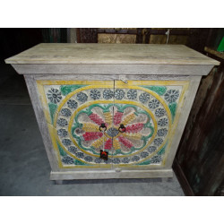 Low sideboard 2 doors fully carved and patinated multicolor pastel