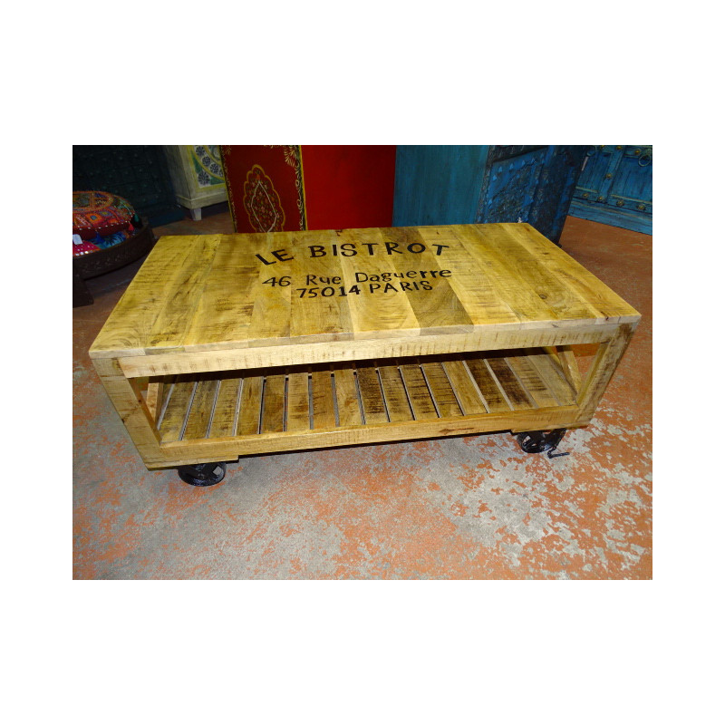 Mesa de centro con teca industrial reciclada con ruedas trolley