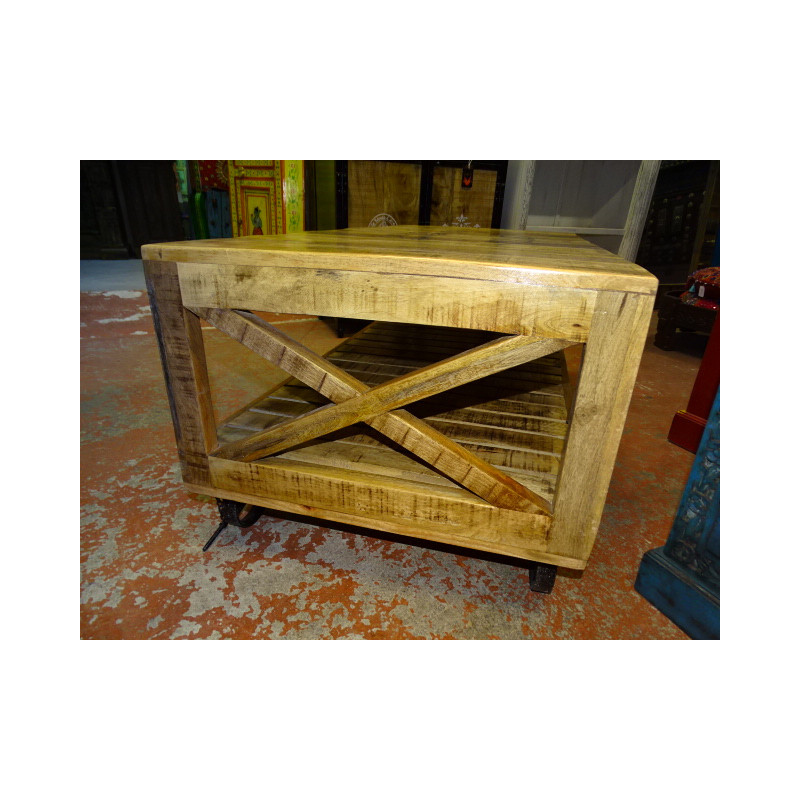 Coffee table with industrial recycled teak with trolley wheels