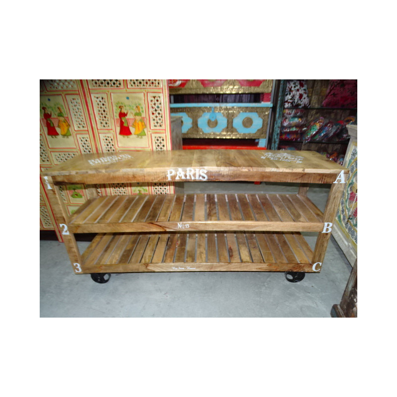 Tavolino con struttura in teak riciclato industriale con ruote trolley