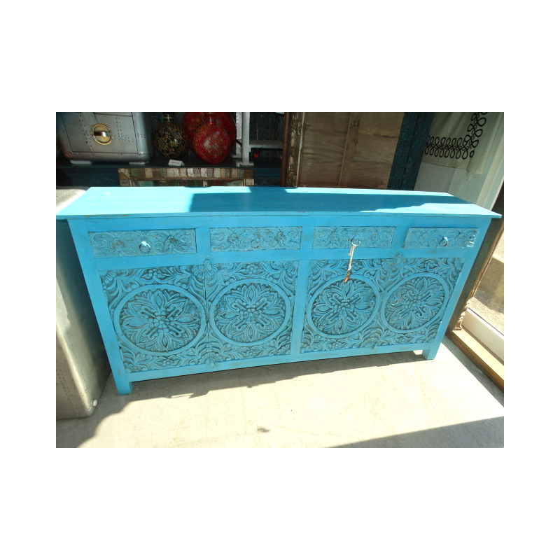 Geschnitztes Sideboard mit 4 Türen und 4 Schubladen mit türkisfarbener Patina 180x90 cm
