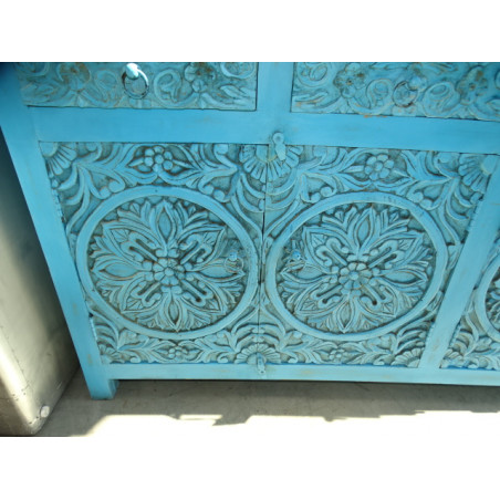 Enfilade 4 portes 4 tiroirs sculptées patiné turquoise 180x90 cm