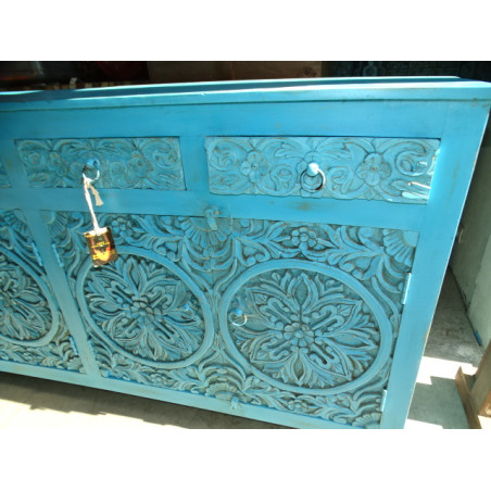 Enfilade 4 portes 4 tiroirs sculptées patiné turquoise 180x90 cm