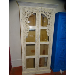 Armoire bibliothèque avec arche vitrée patinée blanche