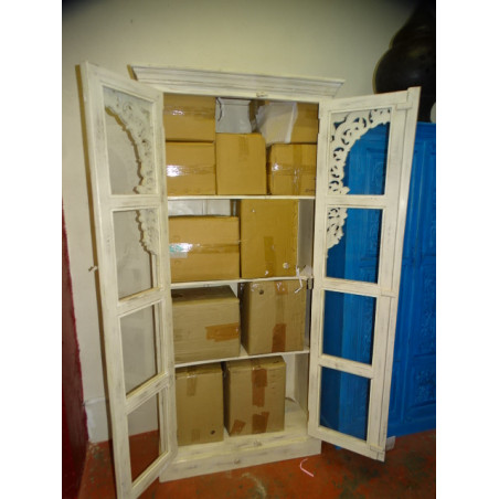 Armoire bibliothèque avec arche vitrée patinée blanche