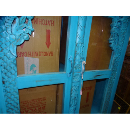 Armoire bibliothèque avec arche vitrée patinée turquoise