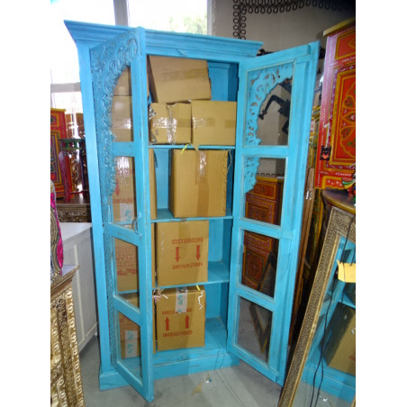 Armoire bibliothèque avec arche vitrée patinée turquoise