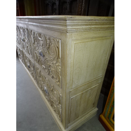 Commode ou meuble de mercerie sablé avec six grands tiroirs patine blanche