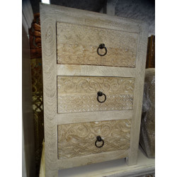 High bedside table with 3 sculpted drawers with a sanded white patina 45x69 cm
