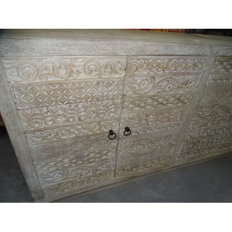 Großes sandgestrahltes Sideboard mit geschnitztem Design und Stammesmotiven 180 x 47 x 92 cm