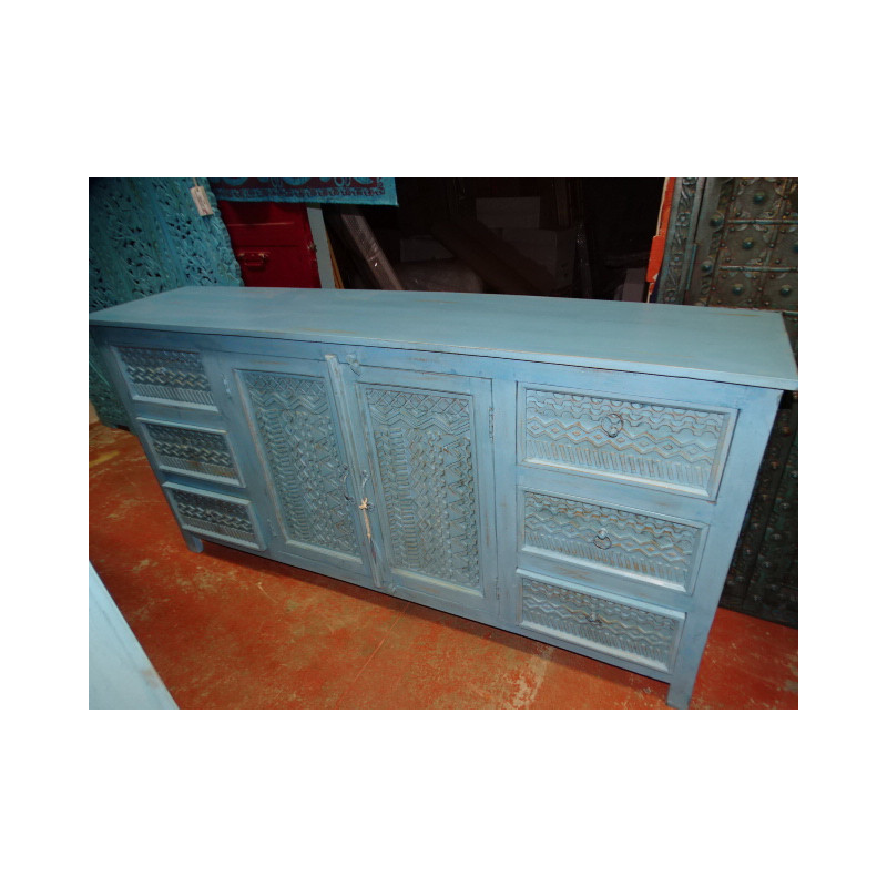 Grand buffet 6 tiroirs 2 portes patiné turquoise et sablé - 180 c m