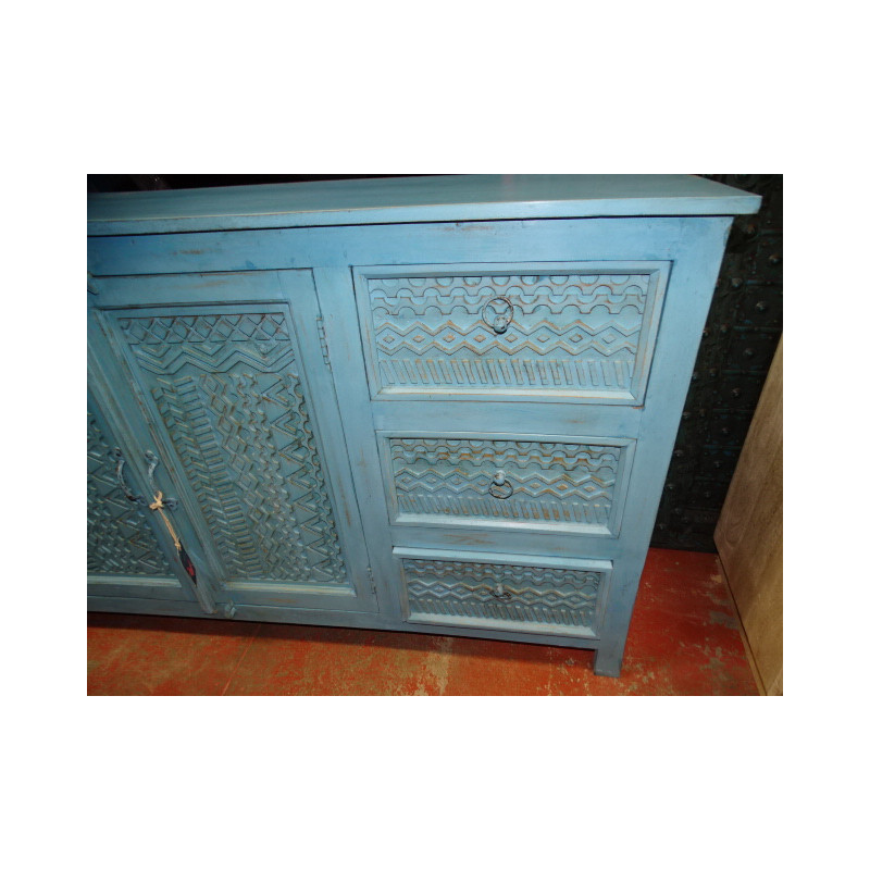Large sideboard 6 drawers 2 doors patinated turquoise and sandblasted - 180 cm