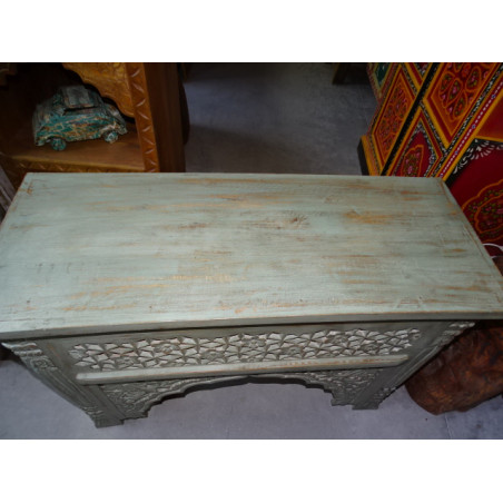 Consola baja india tallada y patinada en color turquesa