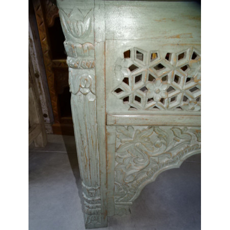 Consola baja india tallada y patinada en color turquesa