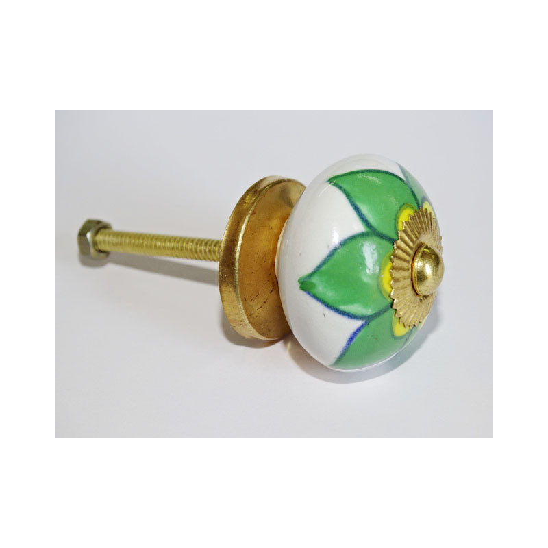 Porcelain drawer or door knobs with green and yellow flower