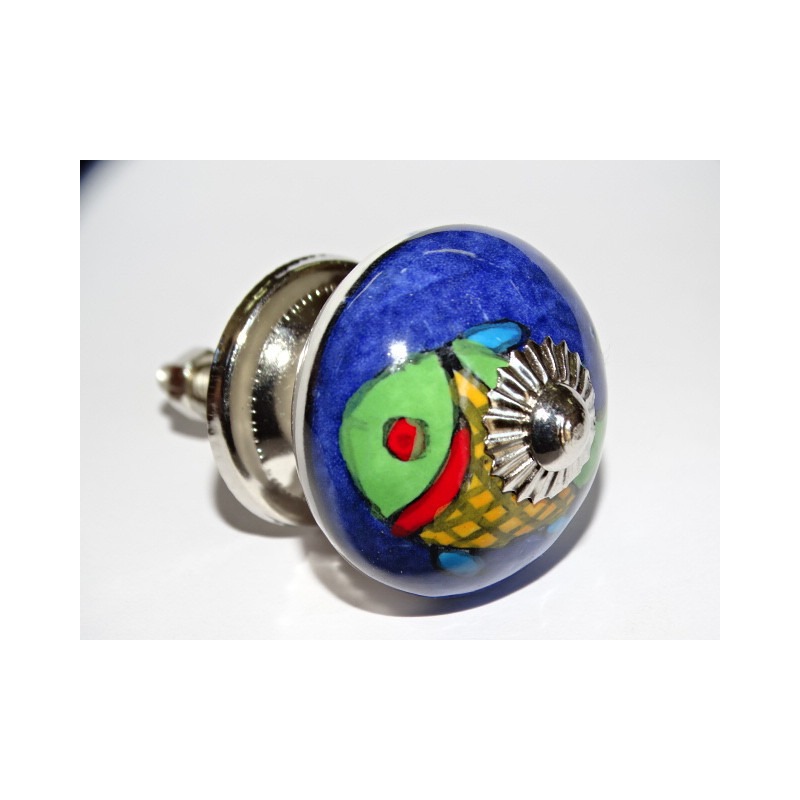 Ultramarine blue porcelain furniture knobs with fish - silver