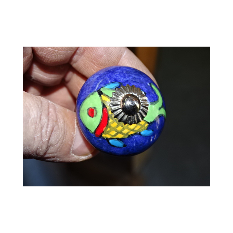 Boutons de meubles en porcelaine bleu outremer avec poisson - argenté