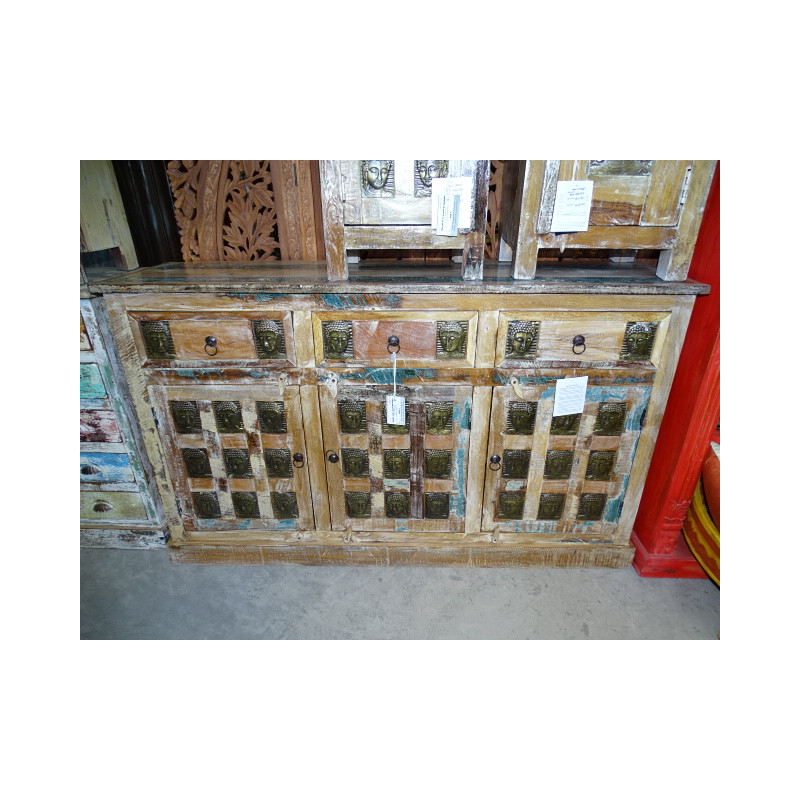 Sideboard with 3 doors with Buddhas heads in brass 150x40x90 cm