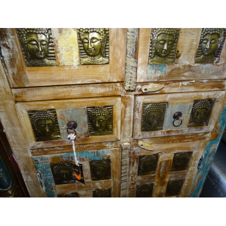 Schrank / Sideboard mit 2 Schubladen mit Messing Buddha Köpfe geschmückt