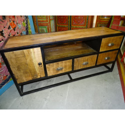Flat tv cabinet with 4 drawers and 1 door in recycled teak and steel