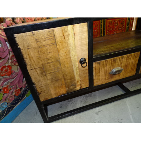 Mueble tv plano con 4 cajones y 1 puerta en teca reciclada y acero