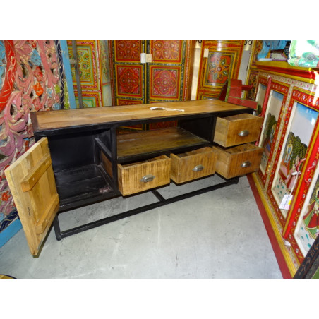 Flat tv cabinet with 4 drawers and 1 door in recycled teak and steel