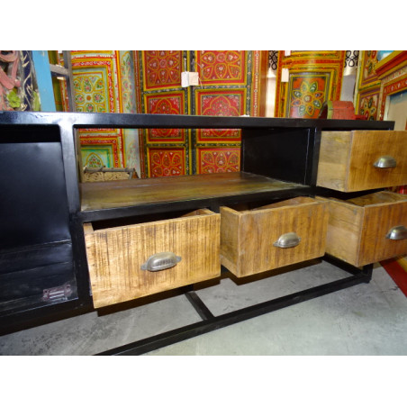 Möbel für Flachbildfernseher 4 Schubladen und 1 Tür aus recyceltem Teakholz und Stahl