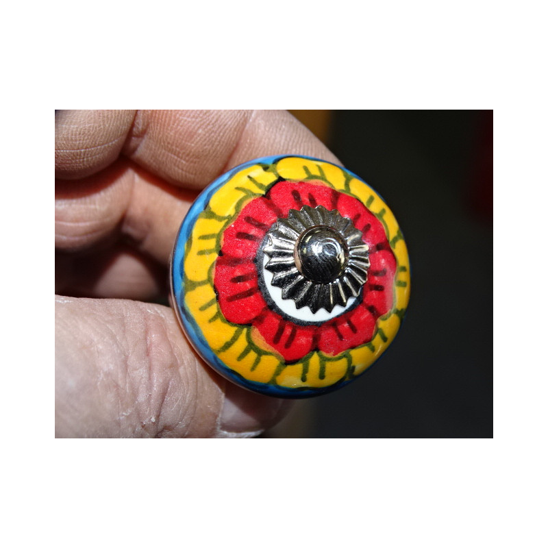 Boutons de meubles avec grande fleur rouge et orange - argenté