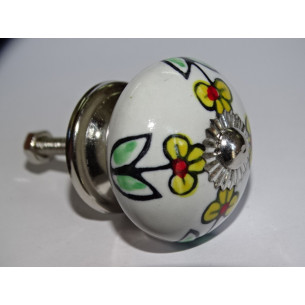 Boutons de meubles en porcelaine blanc et petites fleurs jaunes - argenté
