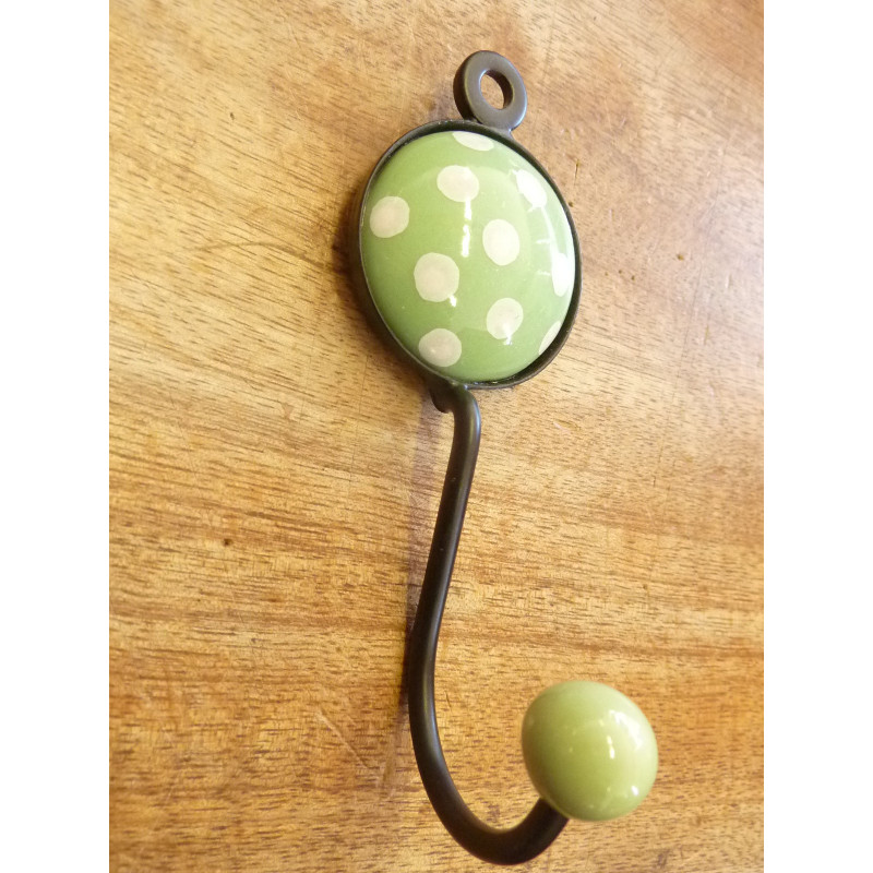 Patère un crochet rond de couleur vert clair à pois blancs