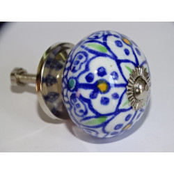 White furniture knobs with ultramarine blue arabesque - silver