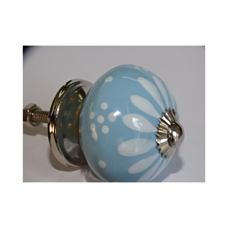 Boutons de meubles en porcelaine bleu ciel et pissenlit blanc - argenté