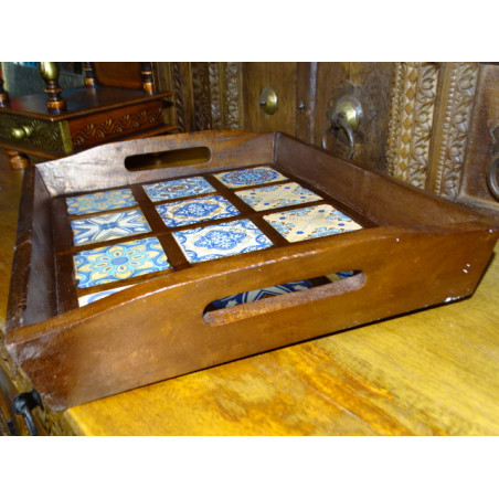 Tray in rosewood, turquoise and cream ceramic tiles