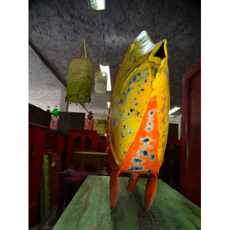 Portavelas pez de metal pintado naranja y amarillo - 60 cm