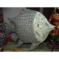 Gray and ecru colored painted metal candle holder fish - 60 cm