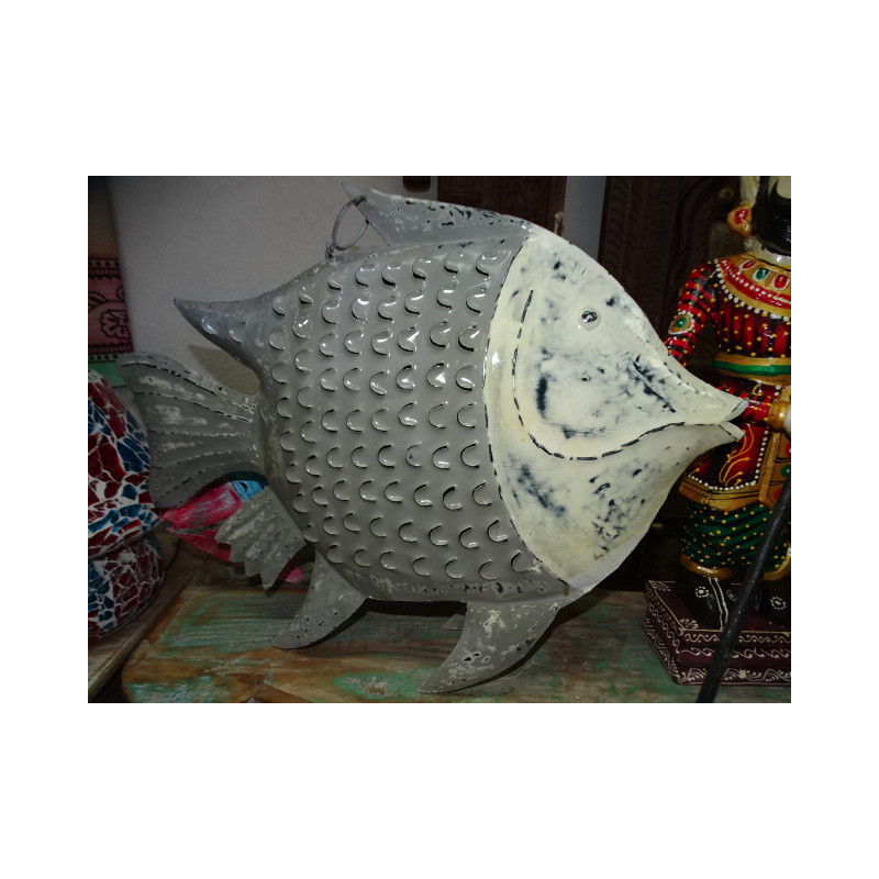 Portavelas pez de metal pintado gris y crudo - 60 cm