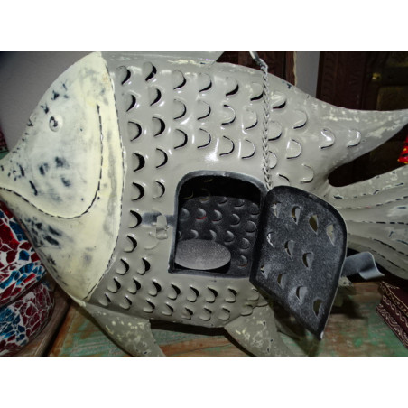 Portavelas pez de metal pintado gris y crudo - 60 cm