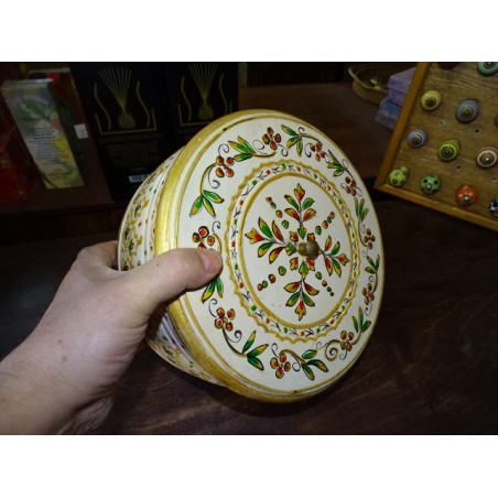 Scatola rotonda dipinta a mano in oro bianco e diametro 24 cm
