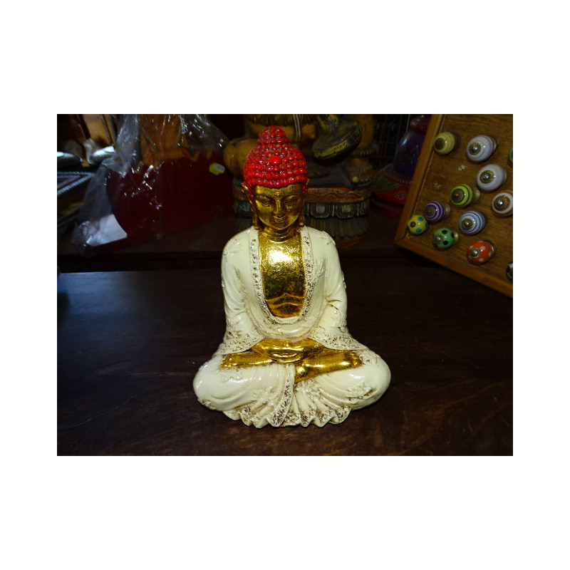 Statuetta in resina di BUDDHA crema da meditazione, oro e rosso