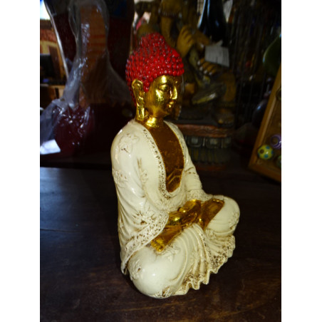 Statuette en résine de BUDDHA méditation crême, doré et rouge