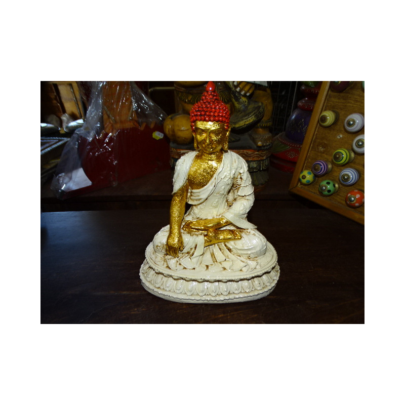 Statuette en résine de BUDDHA enseignement crême, doré et rouge