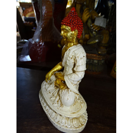 Statuette en résine de BUDDHA enseignement crême, doré et rouge