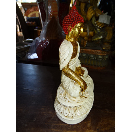 Statuetta in resina di insegnamento BUDDHA crema, oro e rosso