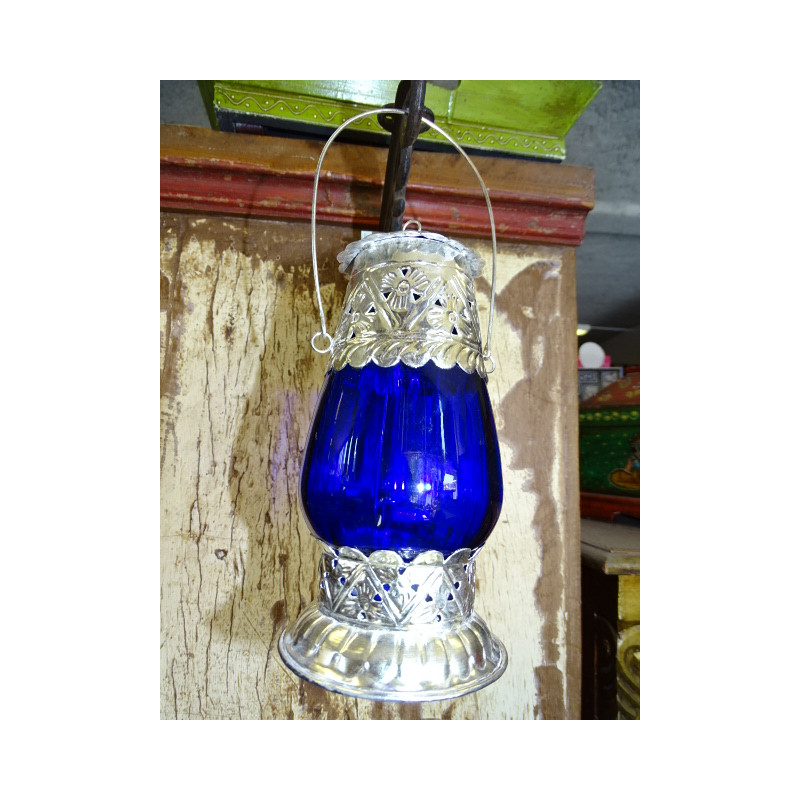 Lanterne de table photophore bleue foncé 22 cm