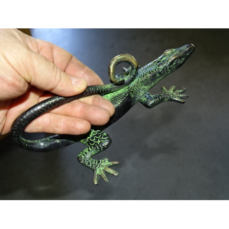Large black lizard bronze handle with green patina - left