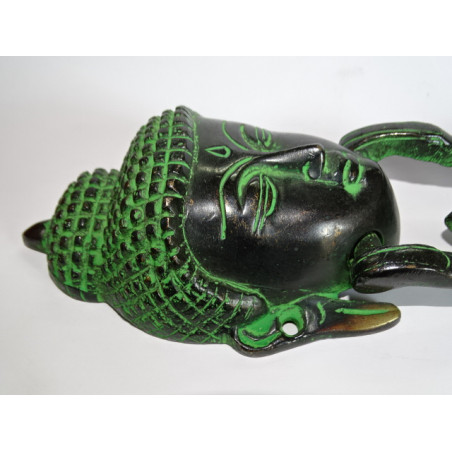 Batacchio in bronzo con testa di Buddha patinata in nero e verde - 20 cm